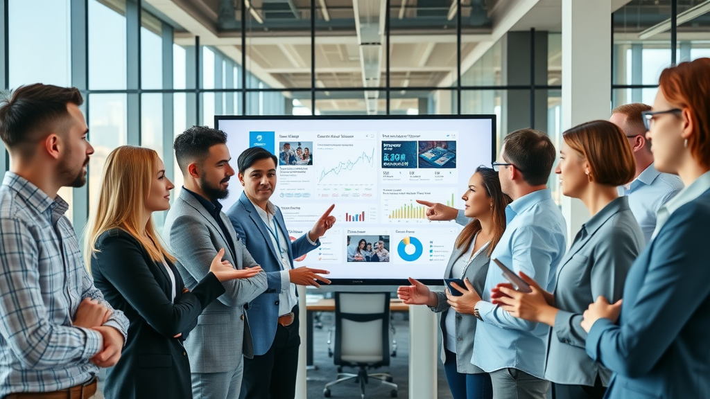 Woodstock digital marketing agency team analyzing strategies in modern office