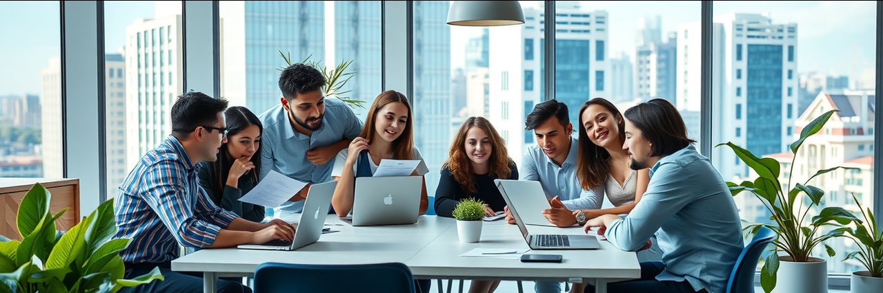Woodstock digital marketing agency team collaborating in modern glass office.