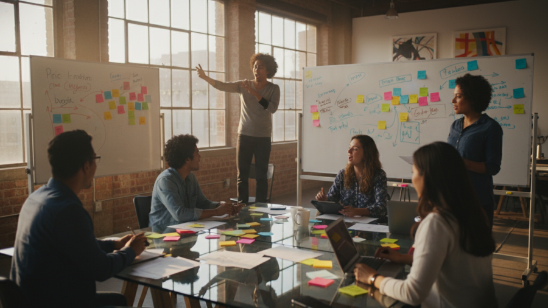 Creative agency overview showcasing brainstorming ideas in a vibrant loft office.