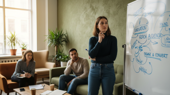 Agency brainstorming session generating ideas on a whiteboard with thoughtful expressions.