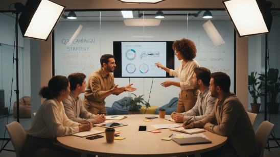 Digital marketing team in a trendy co-working space sharing insights collaboratively.