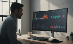 Photorealistic digital marketing analysis in a clean workspace with dynamic metric graphs.