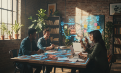 Creative digital marketing brainstorming in a vibrant studio with flowcharts.