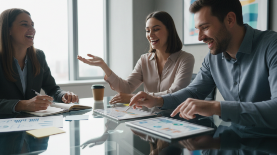 Enthusiastic marketing agency collaboration discussing tactics in a modern office.